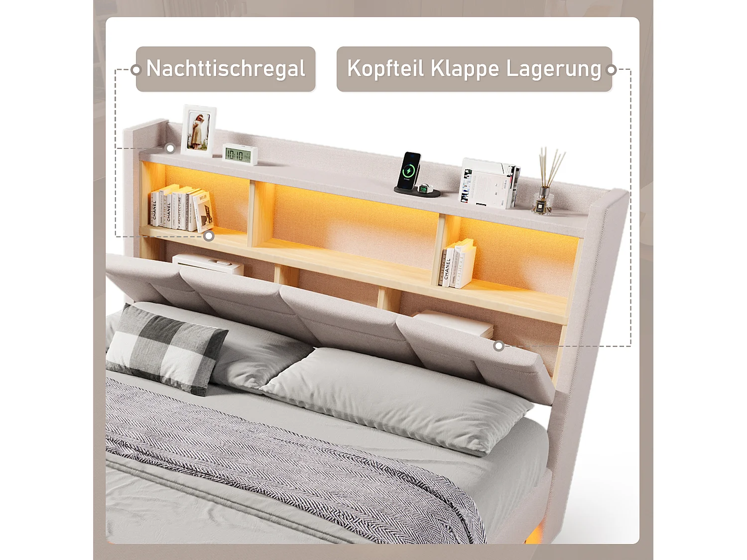 Lit capitonné 140 x 200 cm - tête de lit avec étagère, charge usb+type-c - LEDs- Tissu en lin - Beige (sans matelas)