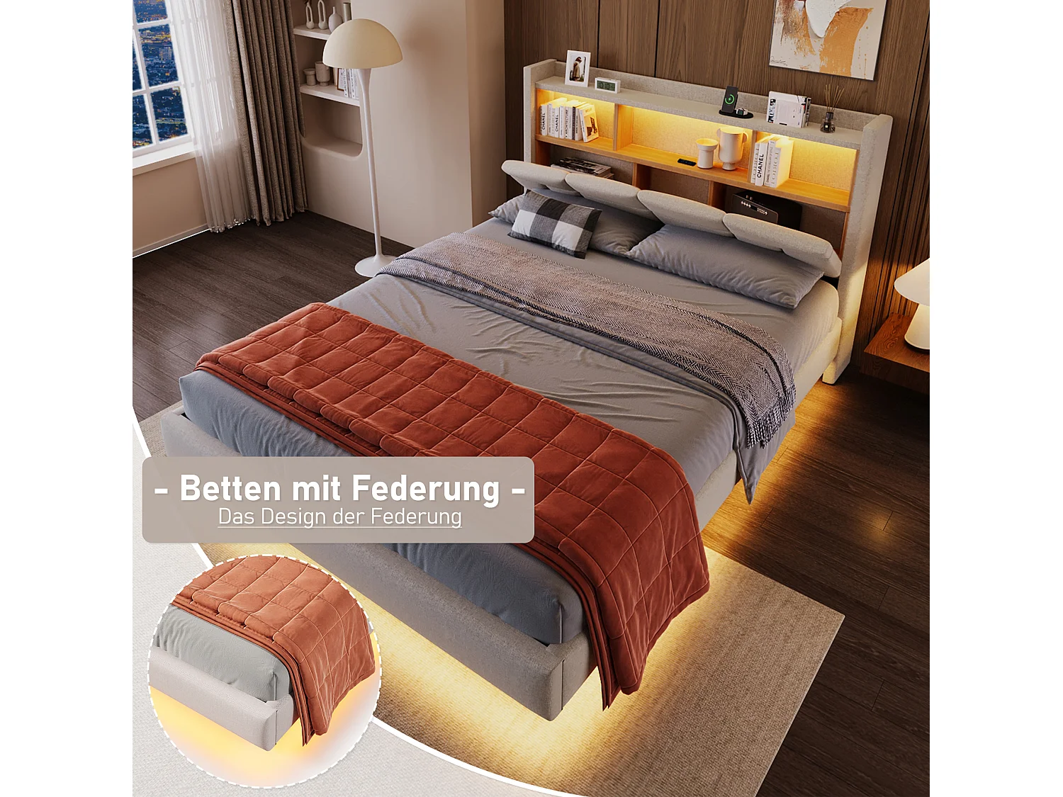 Lit capitonné 140 x 200 cm - tête de lit avec étagère, charge usb+type-c - LEDs- Tissu en lin - Beige (sans matelas)