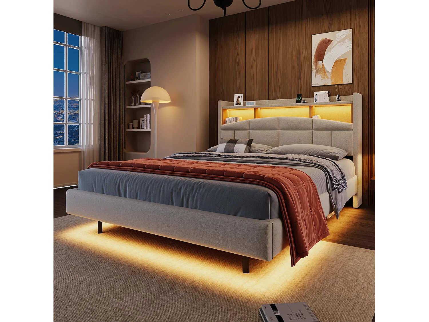 Lit capitonné 140 x 200 cm - tête de lit avec étagère, charge usb+type-c - LEDs- Tissu en lin - Beige (sans matelas)