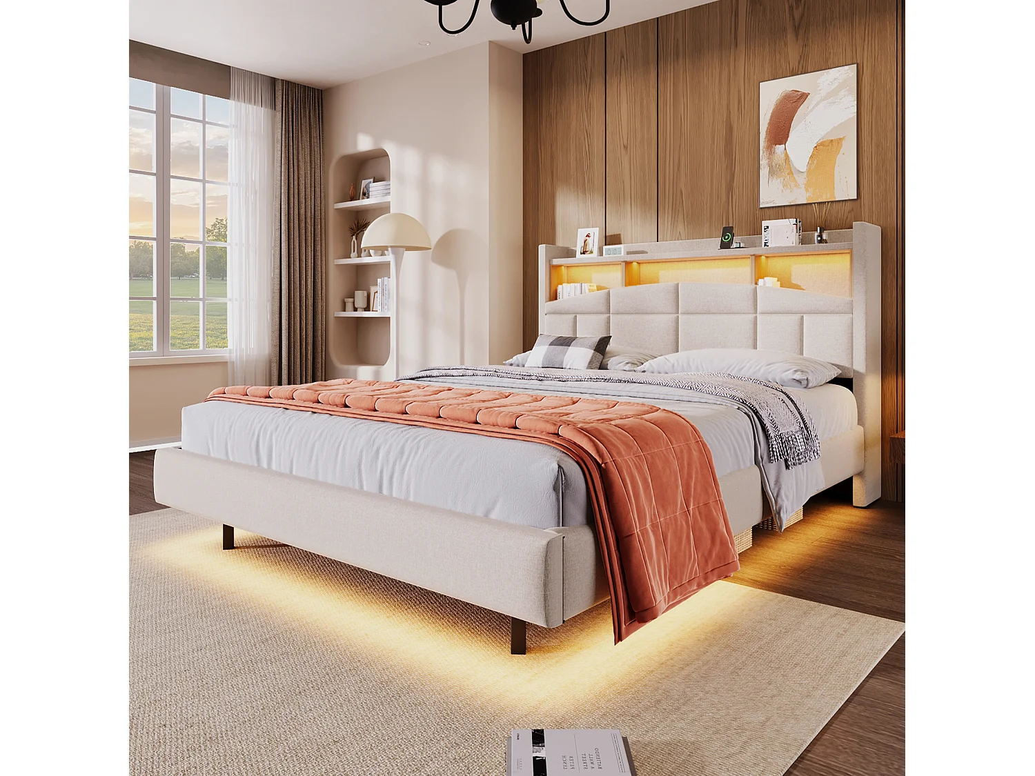 Lit capitonné 140 x 200 cm - tête de lit avec étagère, charge usb+type-c - LEDs- Tissu en lin - Beige (sans matelas)