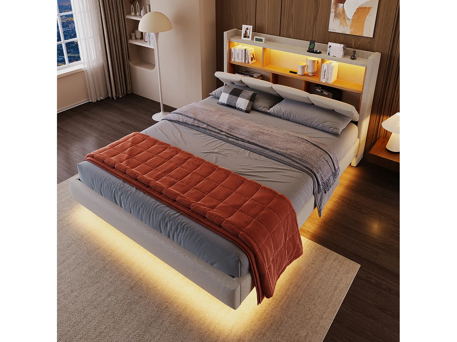 Lit capitonné 140 x 200 cm - tête de lit avec étagère, charge usb+type-c - LEDs- Tissu en lin - Beige (sans matelas)