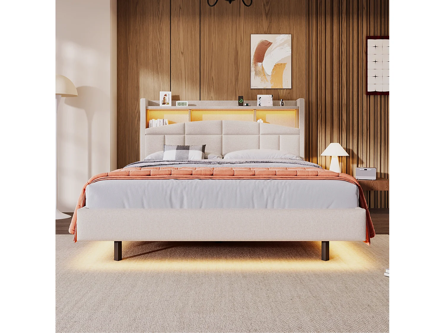 Lit capitonné 140 x 200 cm - tête de lit avec étagère, charge usb+type-c - LEDs- Tissu en lin - Beige (sans matelas)