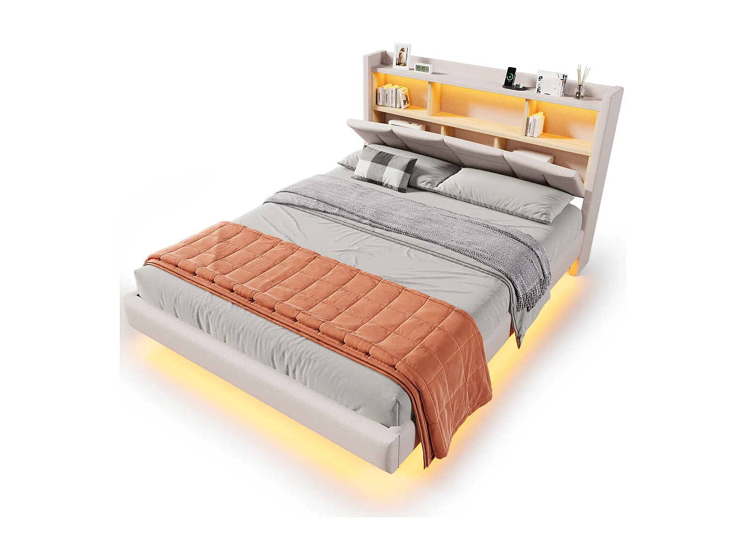 Lit capitonné 140 x 200 cm - tête de lit avec étagère, charge usb+type-c - LEDs- Tissu en lin - Beige (sans matelas)