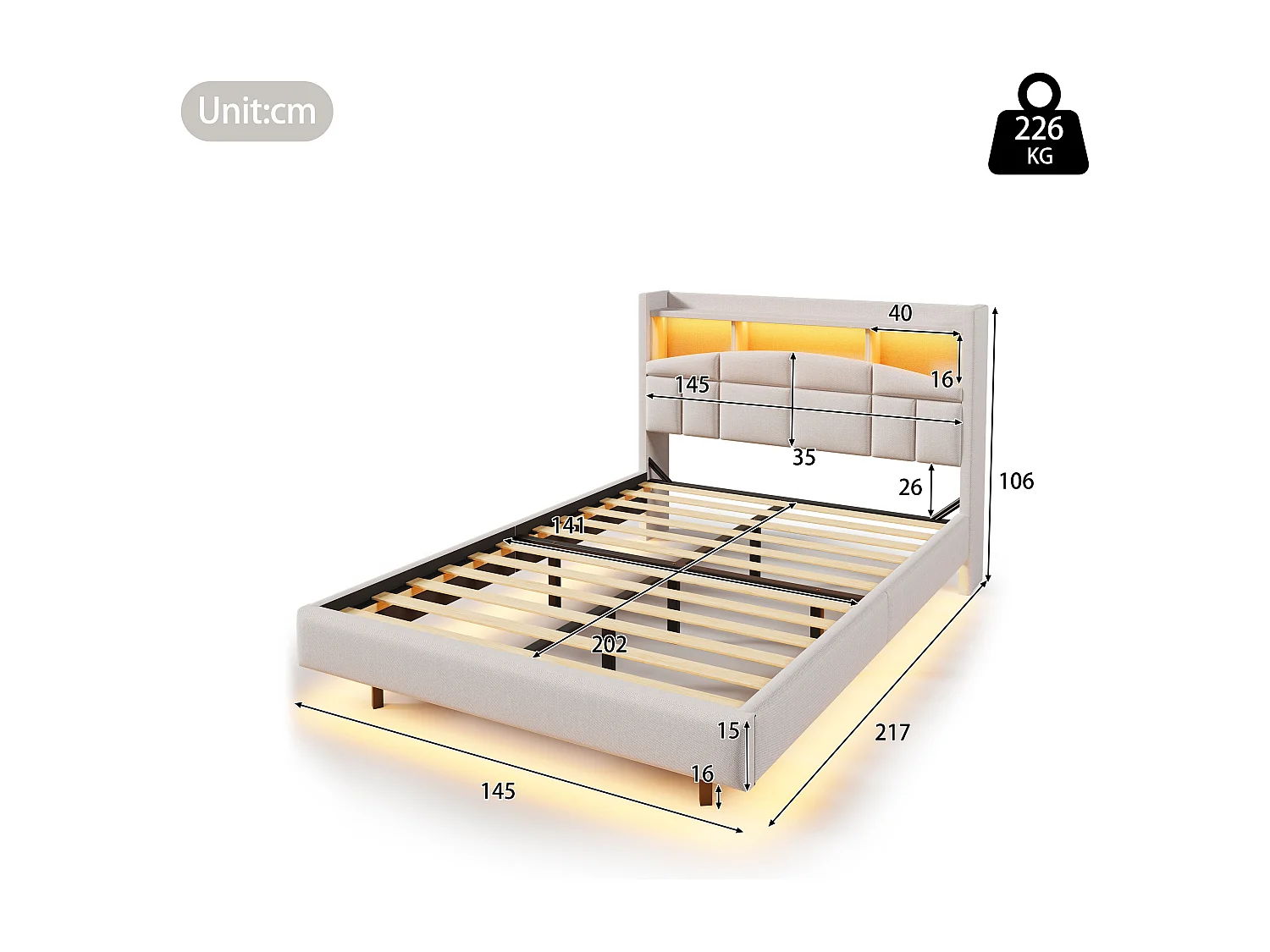 Lit capitonné 140 x 200 cm - tête de lit avec étagère, charge usb+type-c - LEDs- Tissu en lin - Beige (sans matelas)