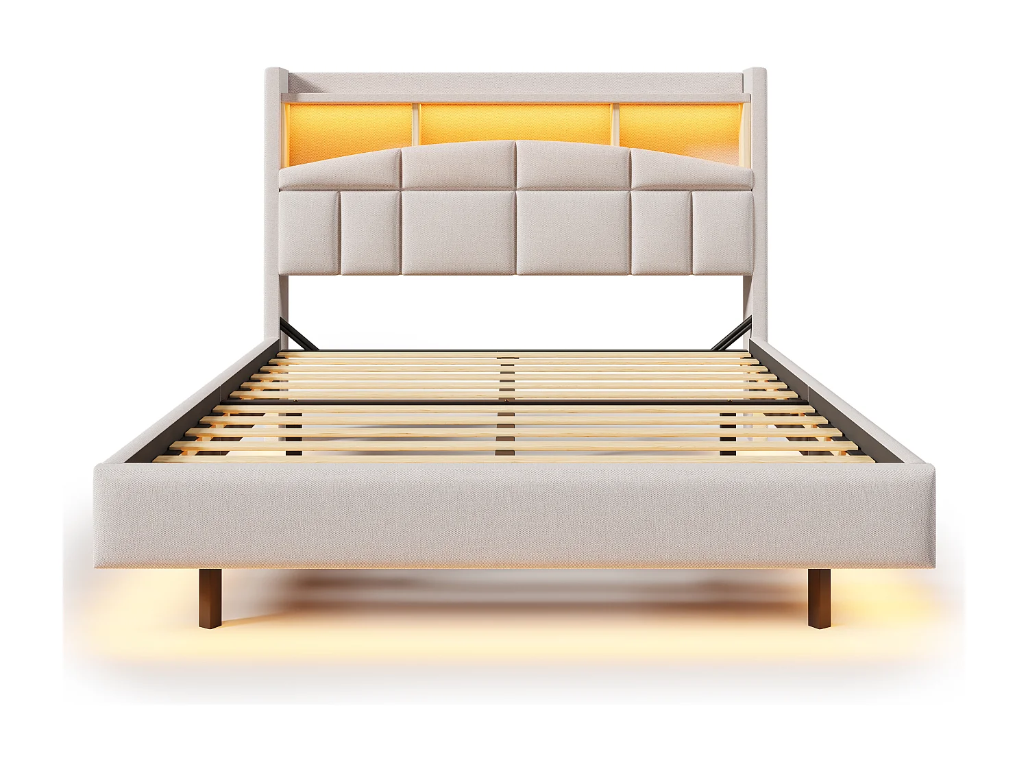 Lit capitonné 140 x 200 cm - tête de lit avec étagère, charge usb+type-c - LEDs- Tissu en lin - Beige (sans matelas)