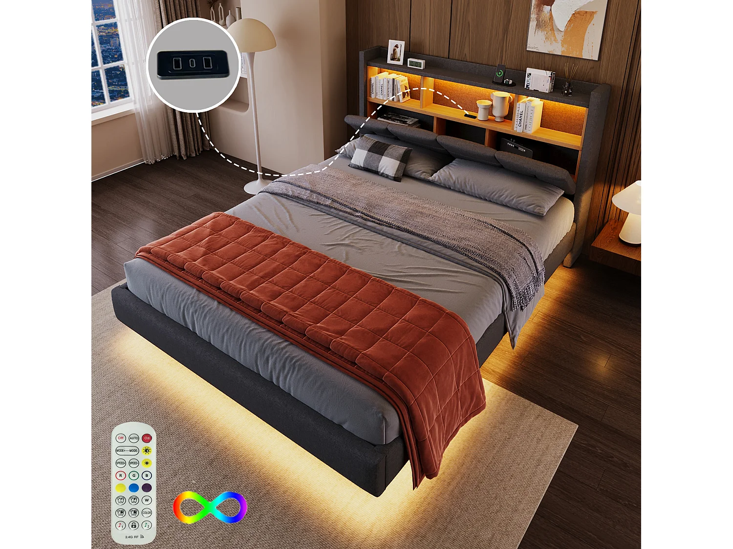 Letto imbottito 140 x 200 cm - testiera con ripiano, ricarica usb+type-c - LED - Tessuto lino - Grigio (senza materasso)