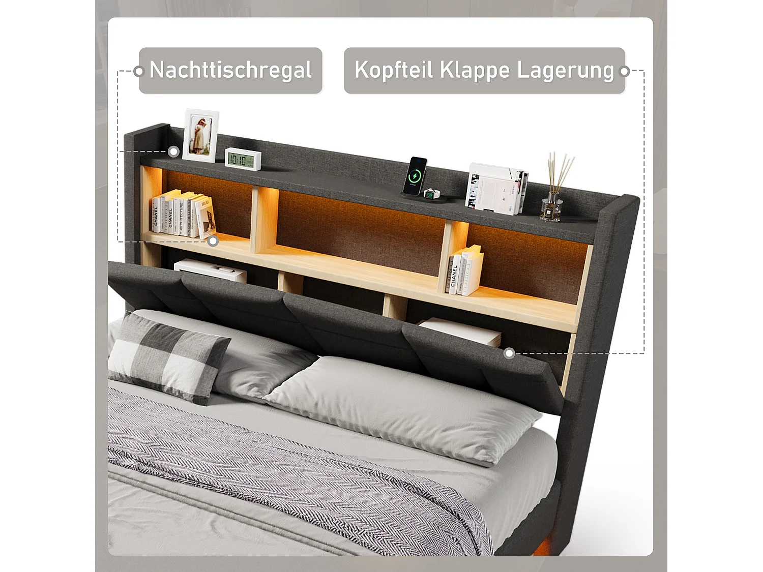 Letto imbottito 140 x 200 cm - testiera con ripiano, ricarica usb+type-c - LED - Tessuto lino - Grigio (senza materasso)