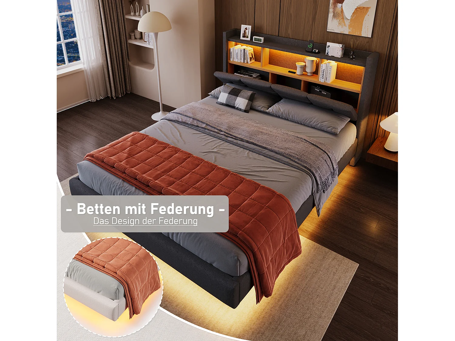 Letto imbottito 140 x 200 cm - testiera con ripiano, ricarica usb+type-c - LED - Tessuto lino - Grigio (senza materasso)