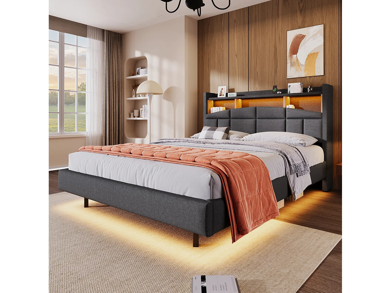 Letto imbottito 140 x 200 cm - testiera con ripiano, ricarica usb+type-c - LED - Tessuto lino - Grigio (senza materasso)