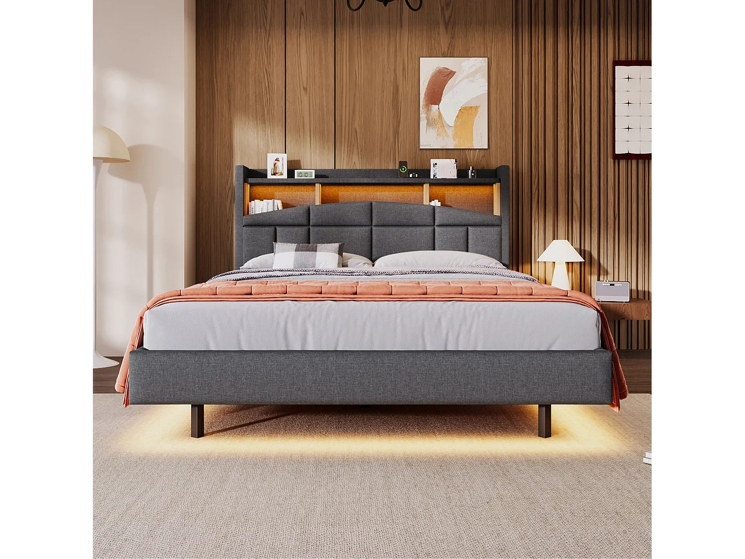Letto imbottito 140 x 200 cm - testiera con ripiano, ricarica usb+type-c - LED - Tessuto lino - Grigio (senza materasso)