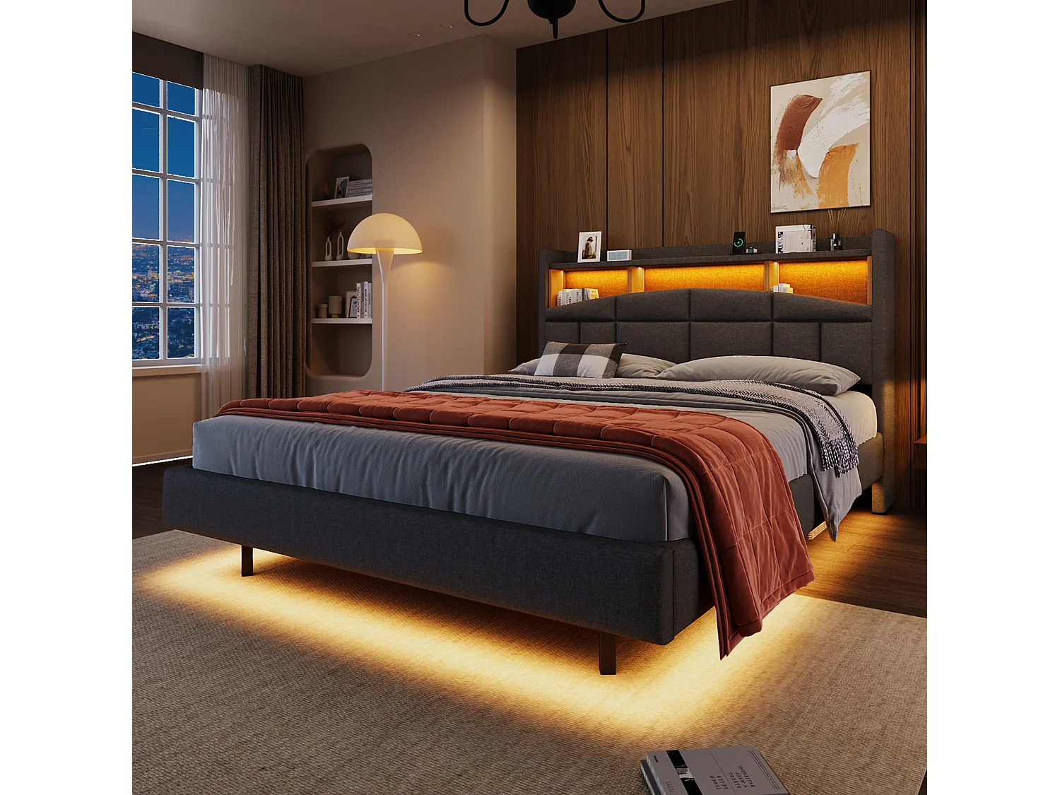 Letto imbottito 140 x 200 cm - testiera con ripiano, ricarica usb+type-c - LED - Tessuto lino - Grigio (senza materasso)