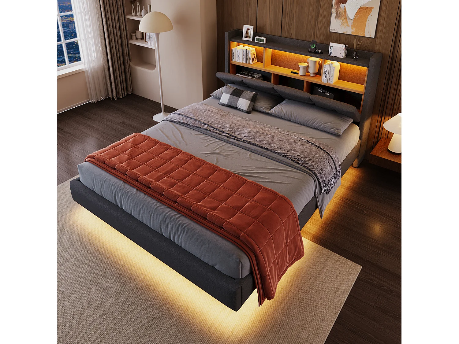 Letto imbottito 140 x 200 cm - testiera con ripiano, ricarica usb+type-c - LED - Tessuto lino - Grigio (senza materasso)
