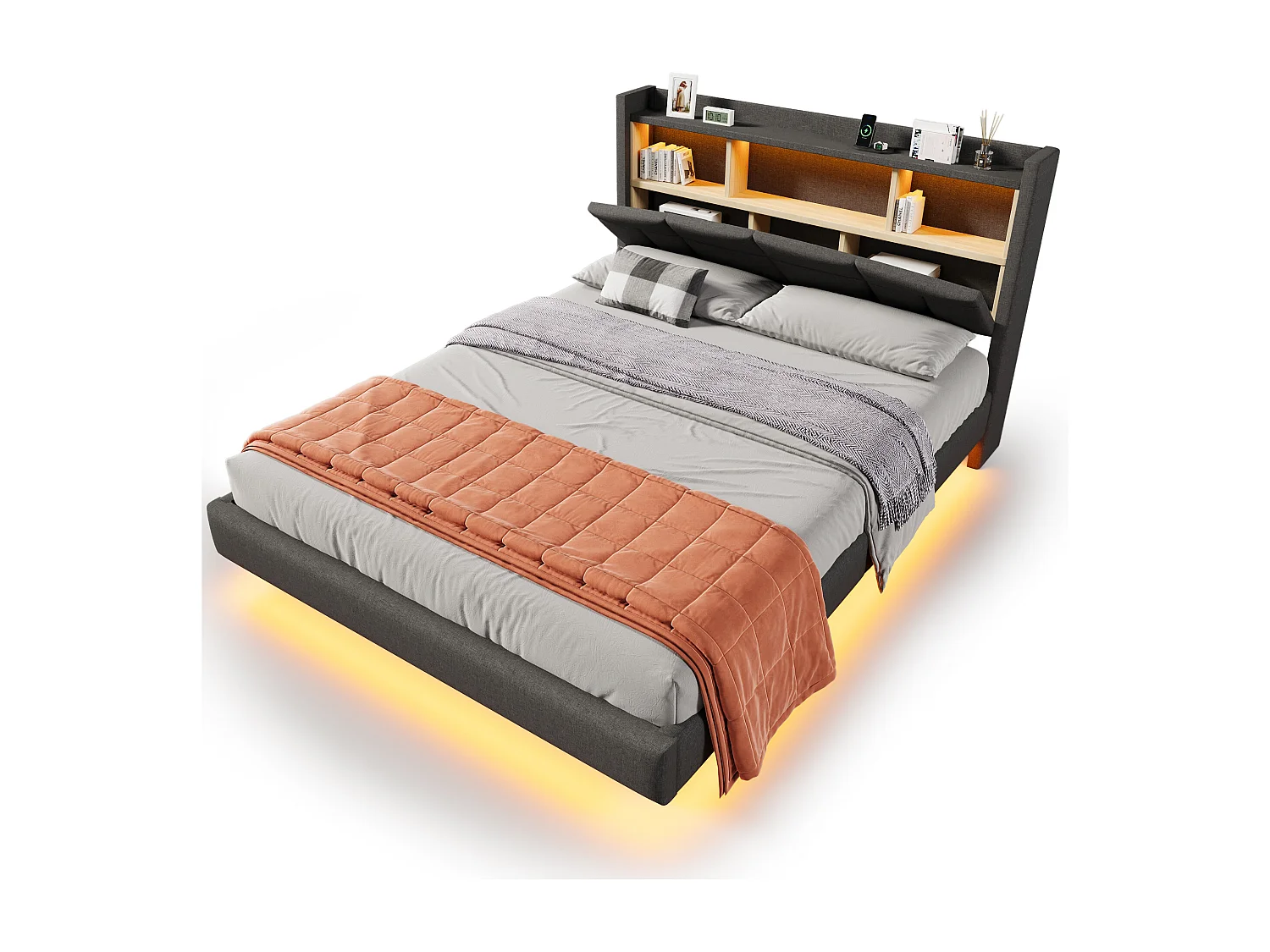 Letto imbottito 140 x 200 cm - testiera con ripiano, ricarica usb+type-c - LED - Tessuto lino - Grigio (senza materasso)