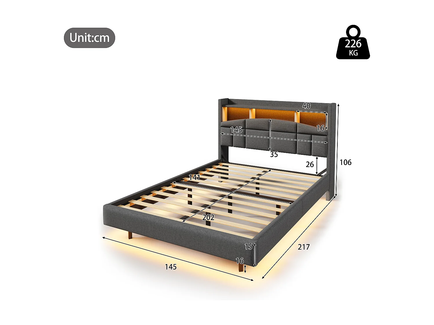 Letto imbottito 140 x 200 cm - testiera con ripiano, ricarica usb+type-c - LED - Tessuto lino - Grigio (senza materasso)