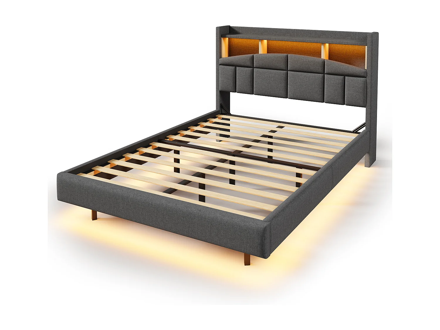 Letto imbottito 140 x 200 cm - testiera con ripiano, ricarica usb+type-c - LED - Tessuto lino - Grigio (senza materasso)