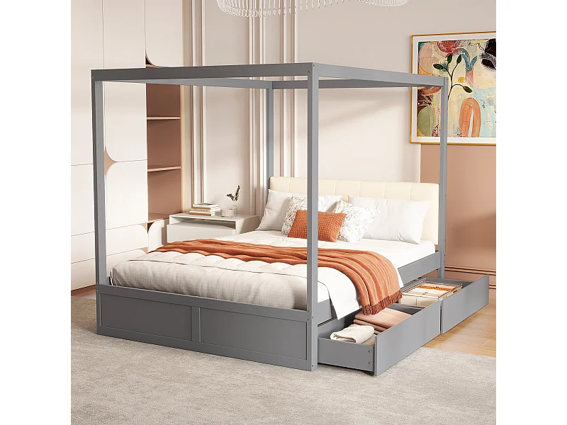 Łóżko z baldachimem 140 x 200 cm z tapicerowanym wezgłowiem i 2 szufladami - Drewno lite + sklejka + MDF - Szare