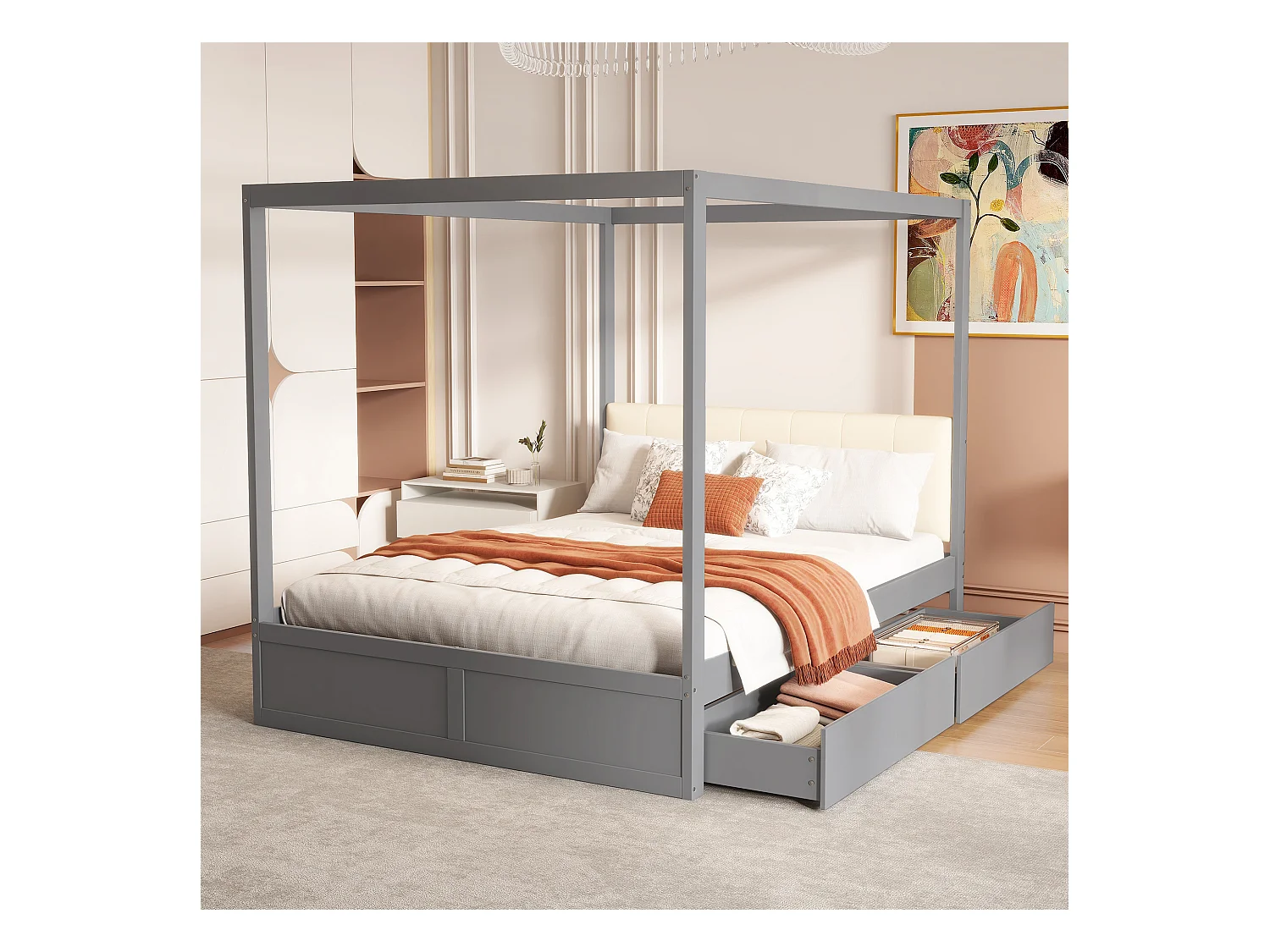 Hemelbed 140 x 200 cm met gestoffeerd hoofdeinde en 2 lades - Massief hout + multiplex + MDF - Grijs