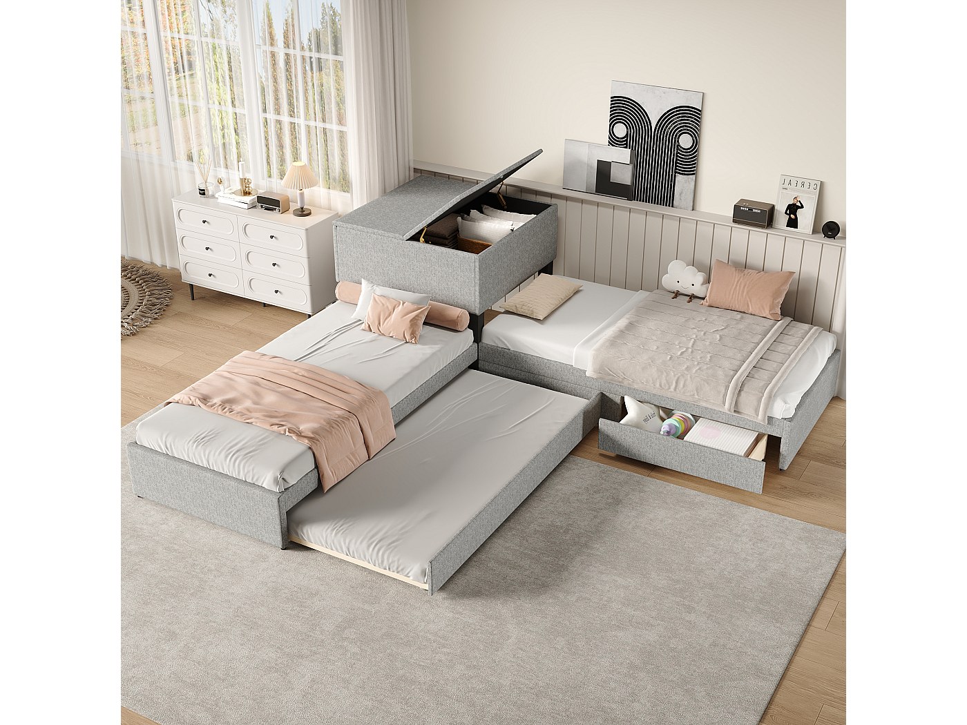 Letto Singolo Estraibile 90x200 Cm, Divano Letto In Lino Grigio Minimalista Con Luce LED - Per Camera Piccola E Stile Moderno