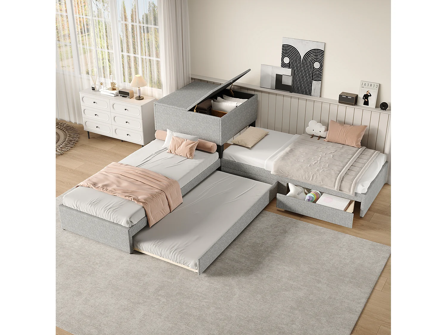 Łóżko narożne 2 x 90 x 200 cm + łóżko wysuwane 90 x 190 cm - 2 szuflady i szafka do przechowywania - Tkanina lniana - Szary (bez materaca)