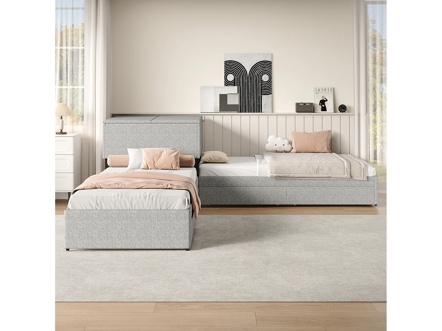 Łóżko narożne 2 x 90 x 200 cm + łóżko wysuwane 90 x 190 cm - 2 szuflady i szafka do przechowywania - Tkanina lniana - Szary (bez materaca)