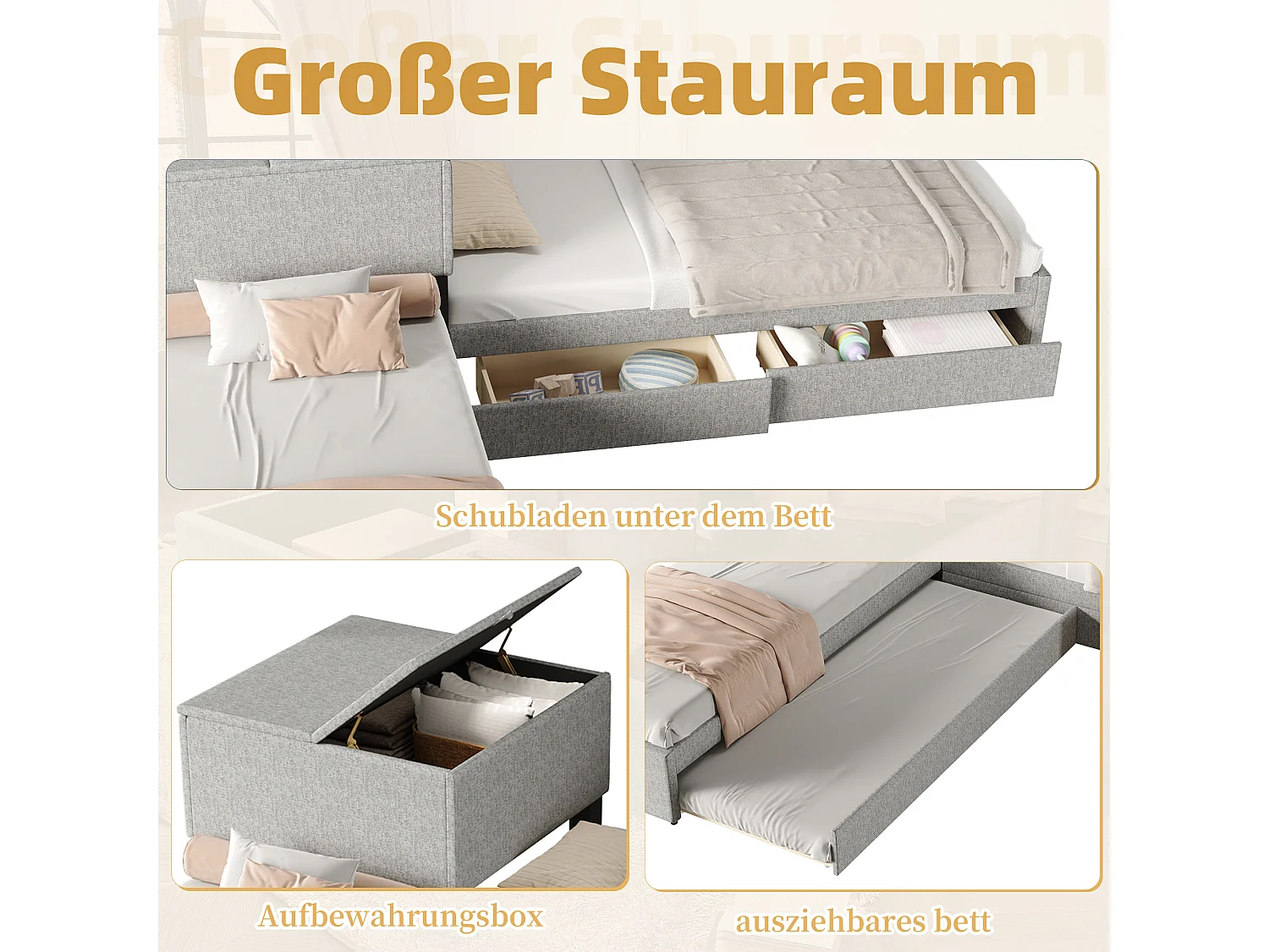 Łóżko narożne 2 x 90 x 200 cm + łóżko wysuwane 90 x 190 cm - 2 szuflady i szafka do przechowywania - Tkanina lniana - Szary (bez materaca)