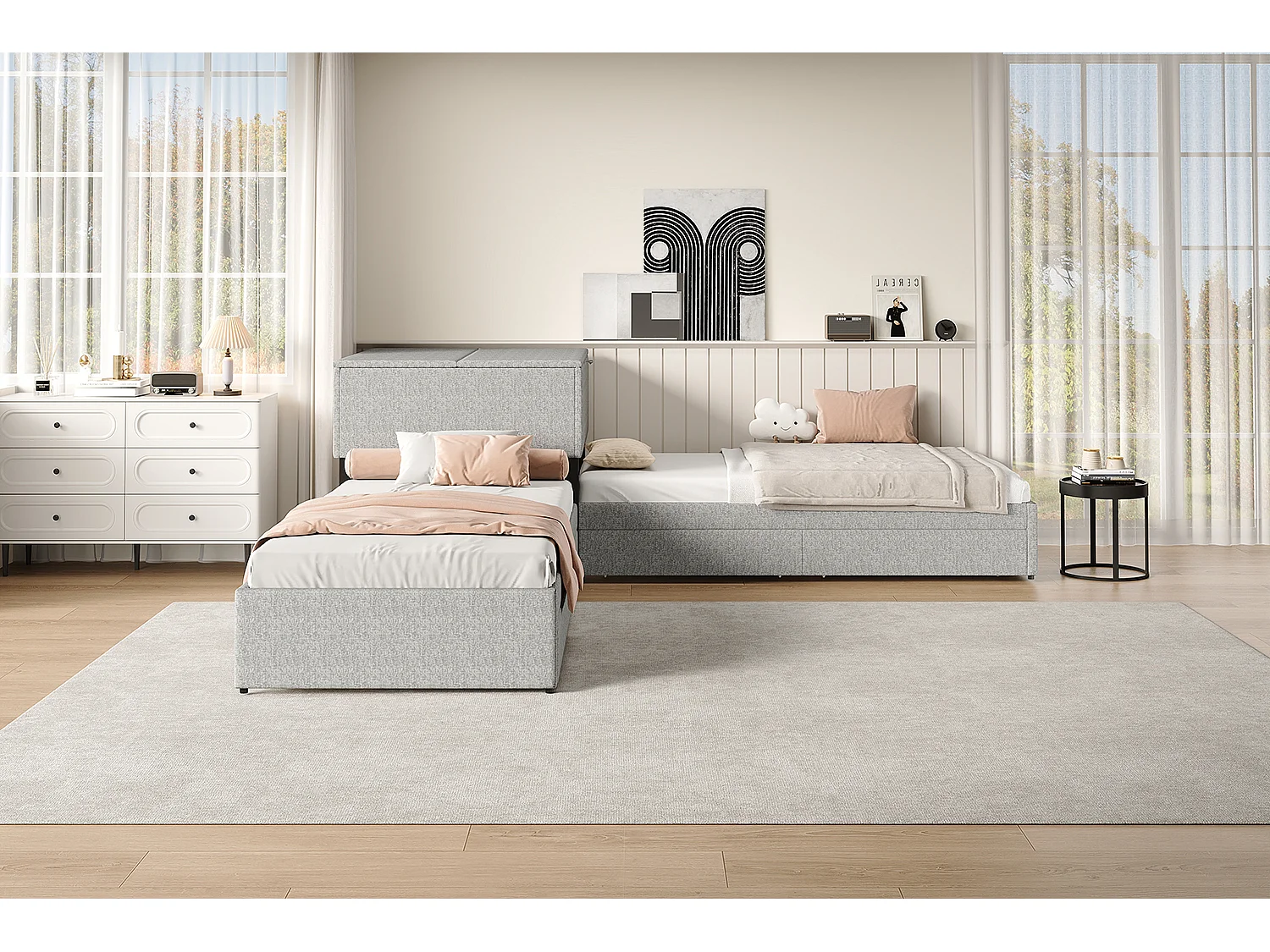 Łóżko narożne 2 x 90 x 200 cm + łóżko wysuwane 90 x 190 cm - 2 szuflady i szafka do przechowywania - Tkanina lniana - Szary (bez materaca)