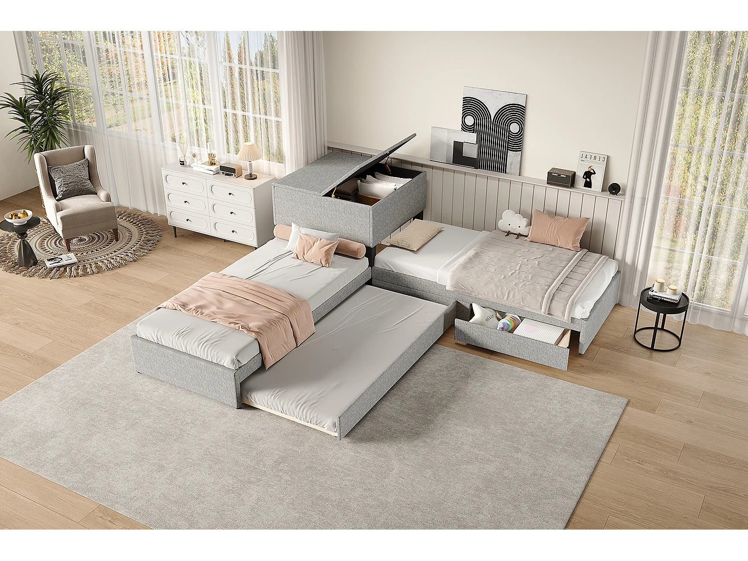 Łóżko narożne 2 x 90 x 200 cm + łóżko wysuwane 90 x 190 cm - 2 szuflady i szafka do przechowywania - Tkanina lniana - Szary (bez materaca)
