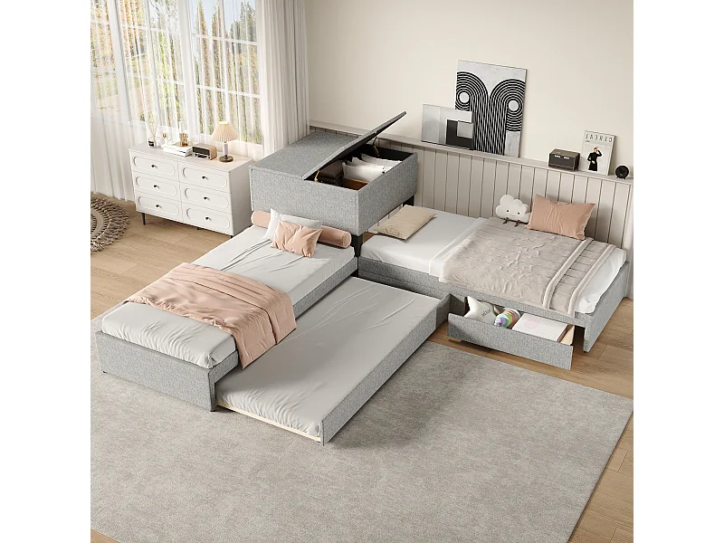 Eckbett 2 x 90 x 200 cm + Ausziehbett 90 x 190 cm – 2 Schubladen und Stauraum – Leinenstoff – Grau (ohne Matratze)