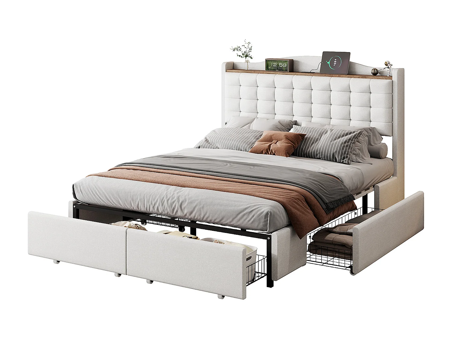 Lit capitonné 140 x 200 cm avec 4 tiroirs et charge USB - Tissu en lin - pour adulte - Beige