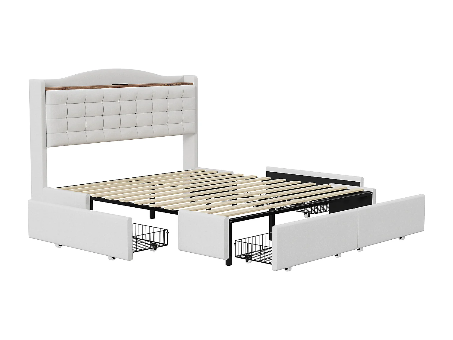 Lit capitonné 140 x 200 cm avec 4 tiroirs et charge USB - Tissu en lin - pour adulte - Beige