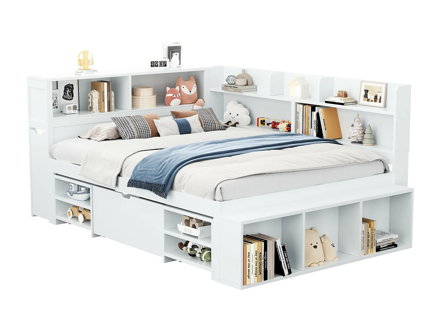 Bed 140 x 200 cm met opbergvakken, boekenkast en 1 lade - Multiplex - Wit (zonder matras)