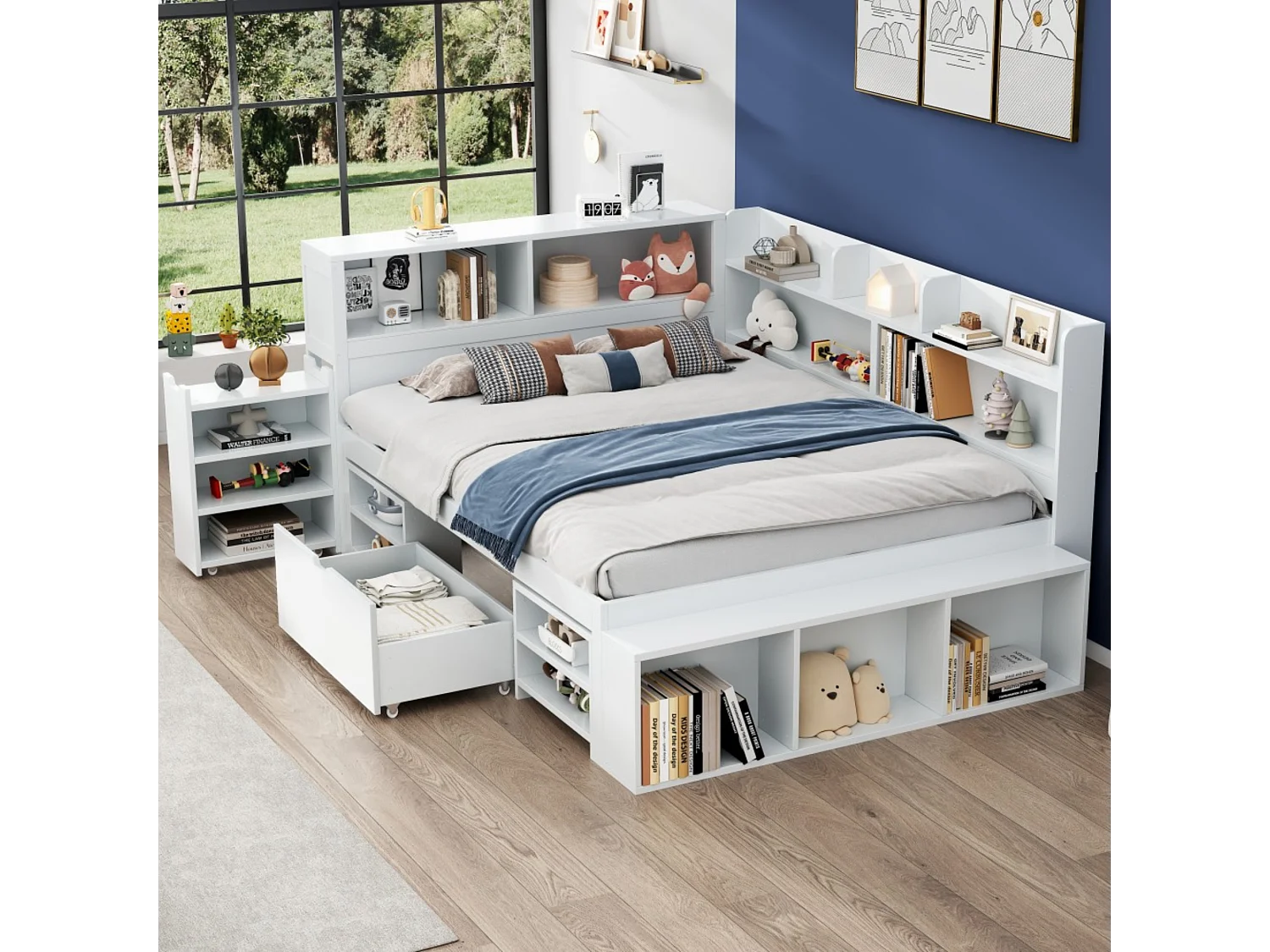 Bed 140 x 200 cm met opbergvakken, boekenkast en 1 lade - Multiplex - Wit (zonder matras)