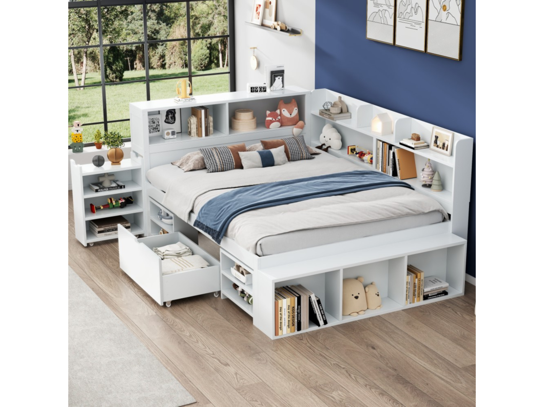 Cama 140 x 200 cm con compartimentos de almacenaje, estantería y 1 cajón - Madera contrachapada - Blanco (sin colchón)