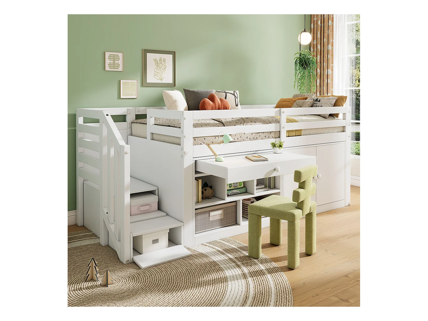 Kinderbett 90 x 200 cm mit Schränken, Schrank und Schreibtisch, 2 Schubladen - Massivholz + MDF - Weiß (ohne Matratze)