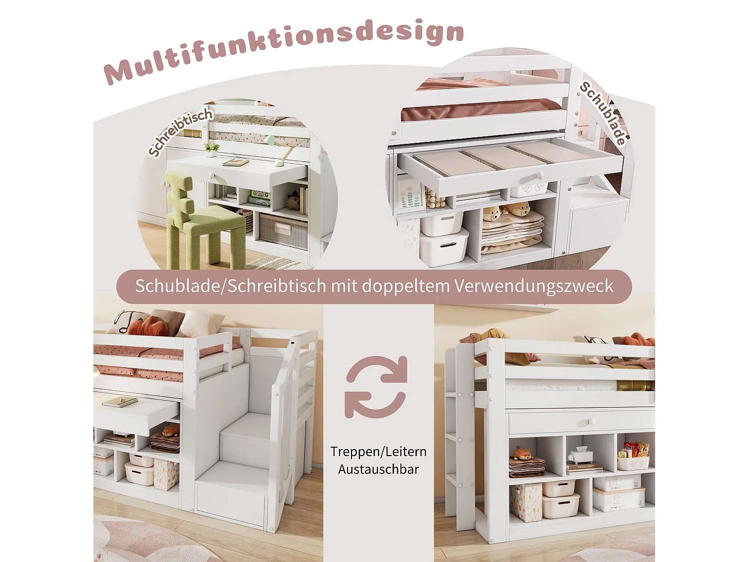 Lit enfant 90 x 200 cm avec armoires, placard et bureau, 2 tiroirs - Bois massif + MDF - Blanc (sans matelas)