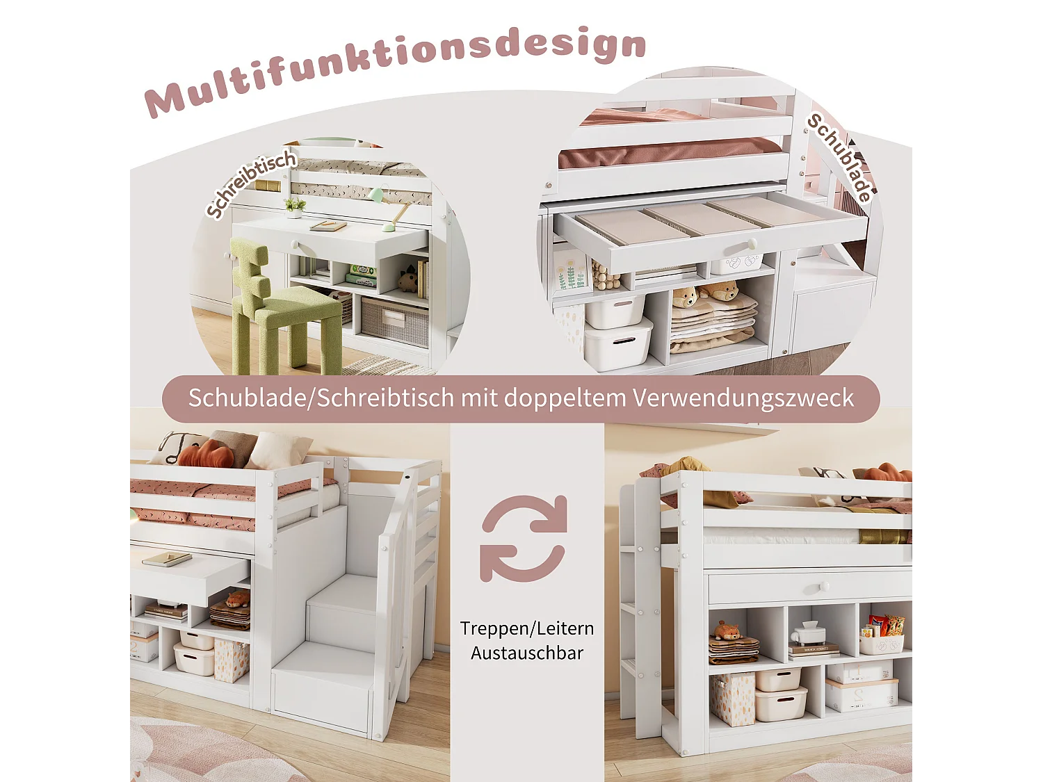 Łóżko dziecięce 90 x 200 cm z szafkami, szafką i biurkiem, 2 szuflady - Drewno lite + MDF - Białe (bez materaca)