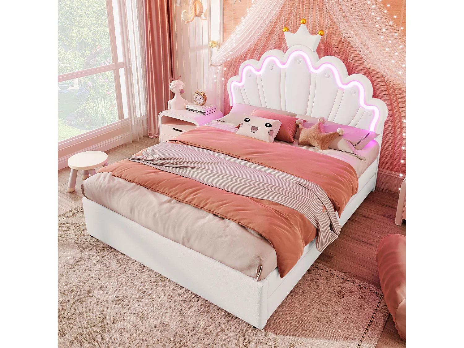 Cama tapizada de 140 x 200 cm con cabecero regulable y 2 cajones - LED - Piel sintética - Blanco (sin colchón)