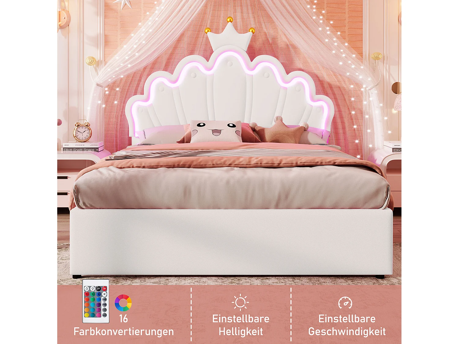Lit capitonné 140 x 200 cm avec tête de lit couronne réglable et 2 tiroirs - LEDs - Cuir PU - Blanc (sans matelas)