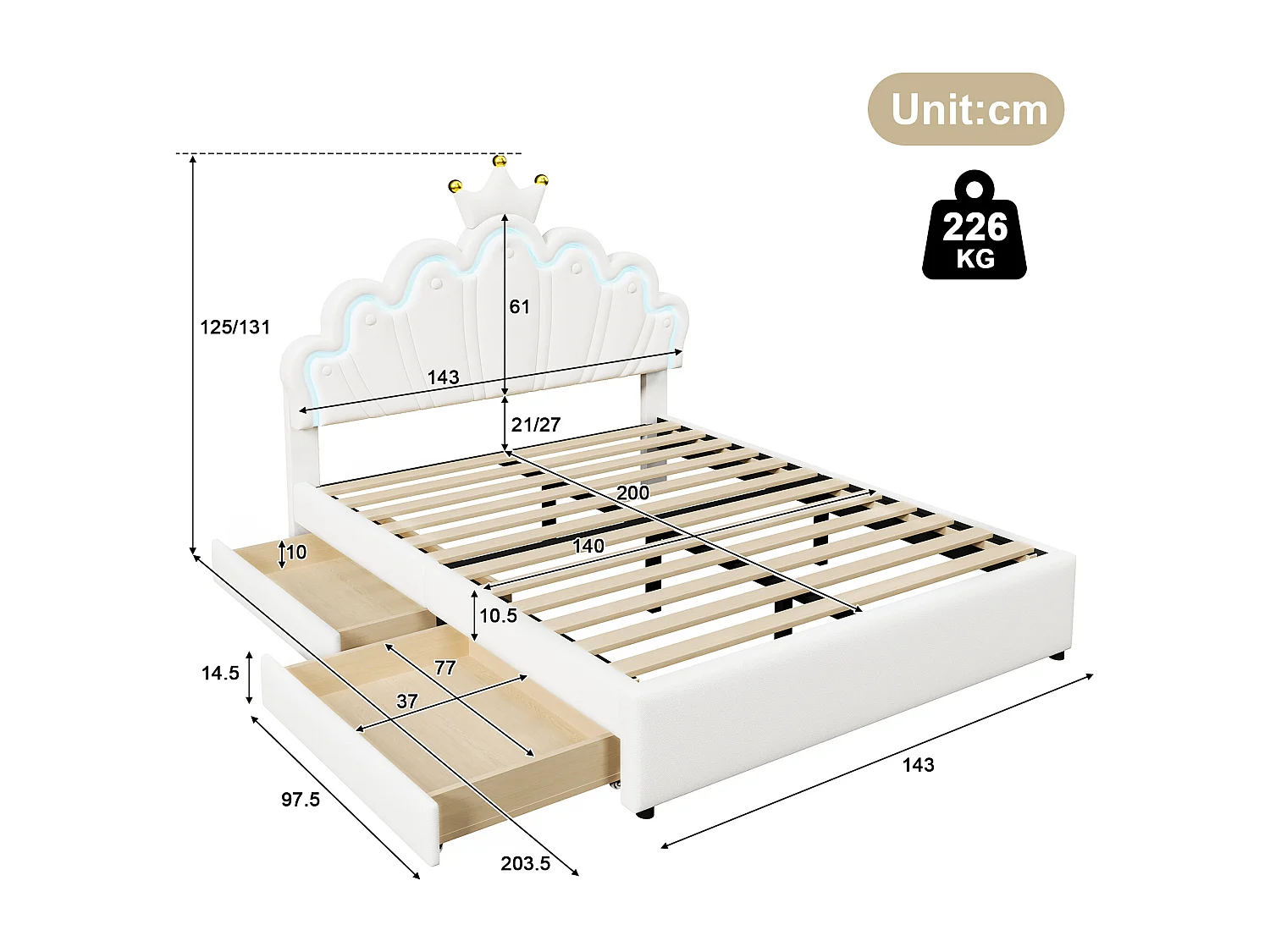 Lit capitonné 140 x 200 cm avec tête de lit couronne réglable et 2 tiroirs - LEDs - Cuir PU - Blanc (sans matelas)