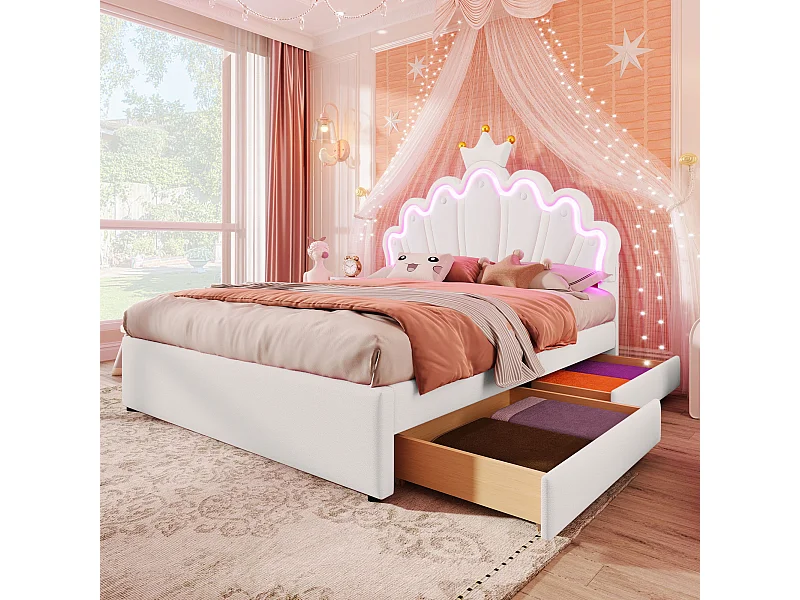 Lit capitonné 140 x 200 cm avec tête de lit couronne réglable et 2 tiroirs - LEDs - Cuir PU - Blanc (sans matelas)