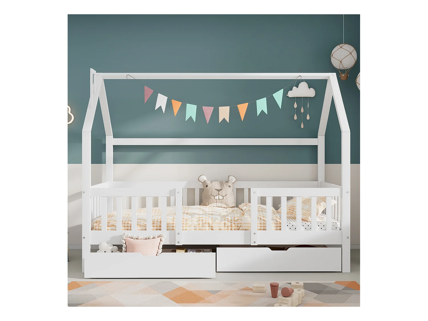 Lit cabane enfant 90 x 200 cm avec 2 tiroirs - Pin + Panneau de particules + Contreplaqué - Blanc (sans matelas)