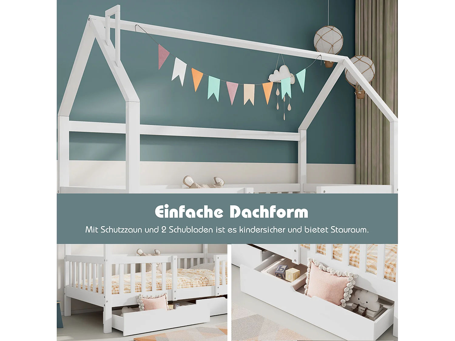 Letto a soppalco per bambini 90 x 200 cm con 2 cassetti - Pino + Truciolare + Compensato - Bianco (senza materasso)