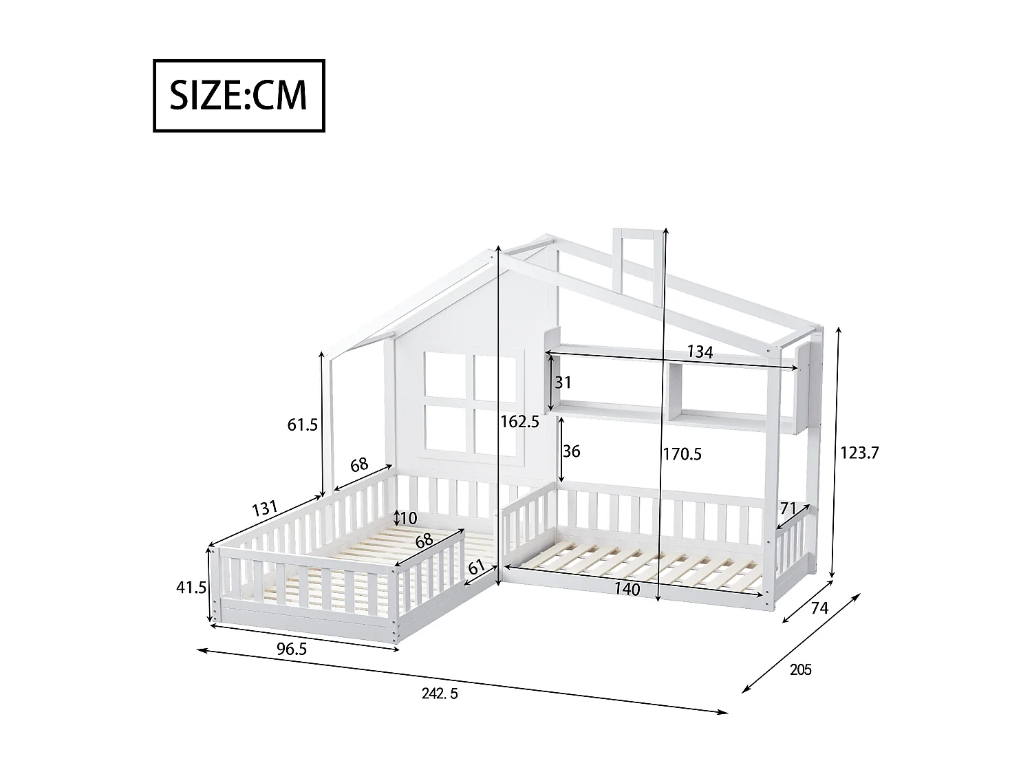 Lit cabane enfant 90 x 200 cm + 140 x 70 cm avec étagères - Contreplaqué + MDF + pin - Sommier à lattes inclus - Couleur blanc