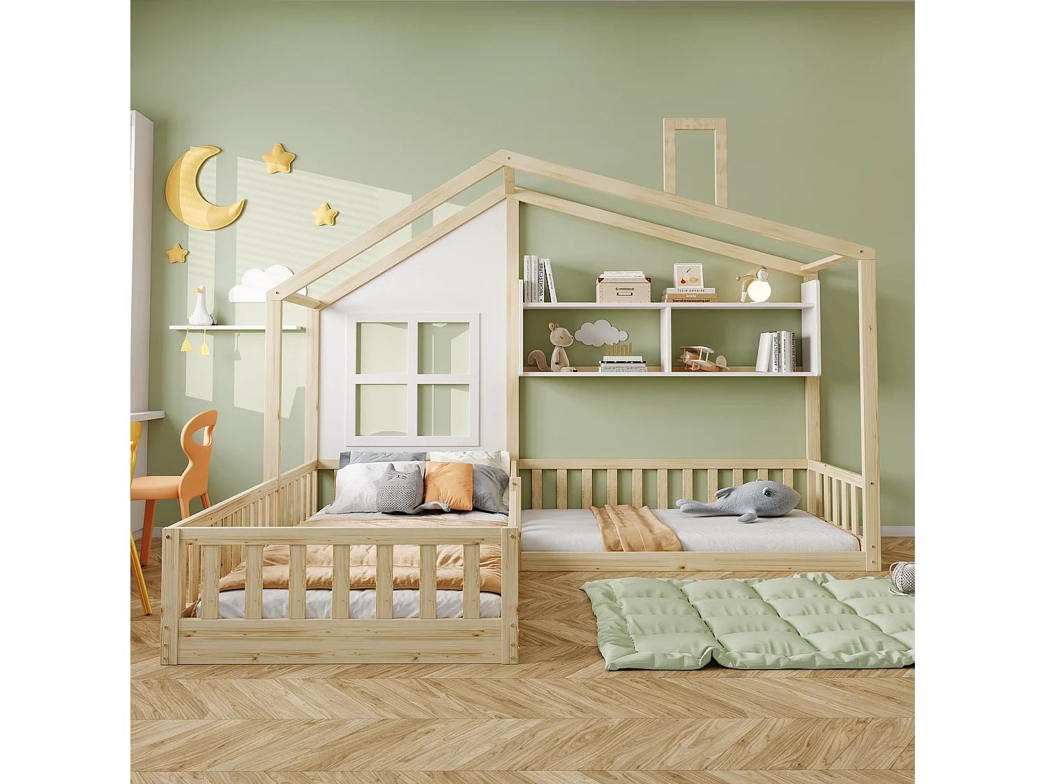 Cama infantil cabina 90x200 cm + 140x70 cm con estantes - Contrachapado + MDF + pino - Somier incluido - Color madera