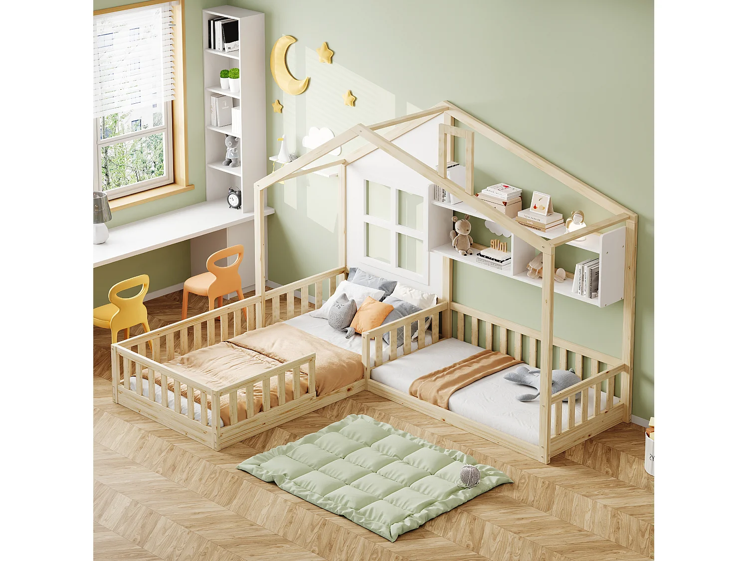 Cama infantil cabina 90x200 cm + 140x70 cm con estantes - Contrachapado + MDF + pino - Somier incluido - Color madera