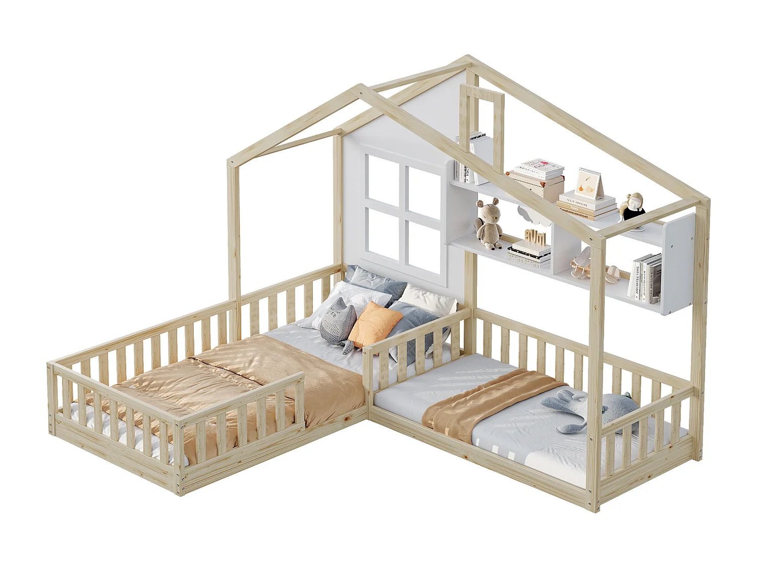 Cama infantil cabina 90x200 cm + 140x70 cm con estantes - Contrachapado + MDF + pino - Somier incluido - Color madera