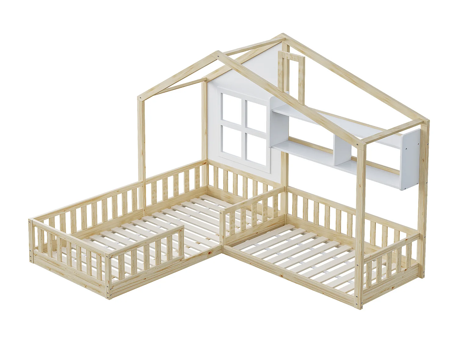 Cama infantil cabina 90x200 cm + 140x70 cm con estantes - Contrachapado + MDF + pino - Somier incluido - Color madera