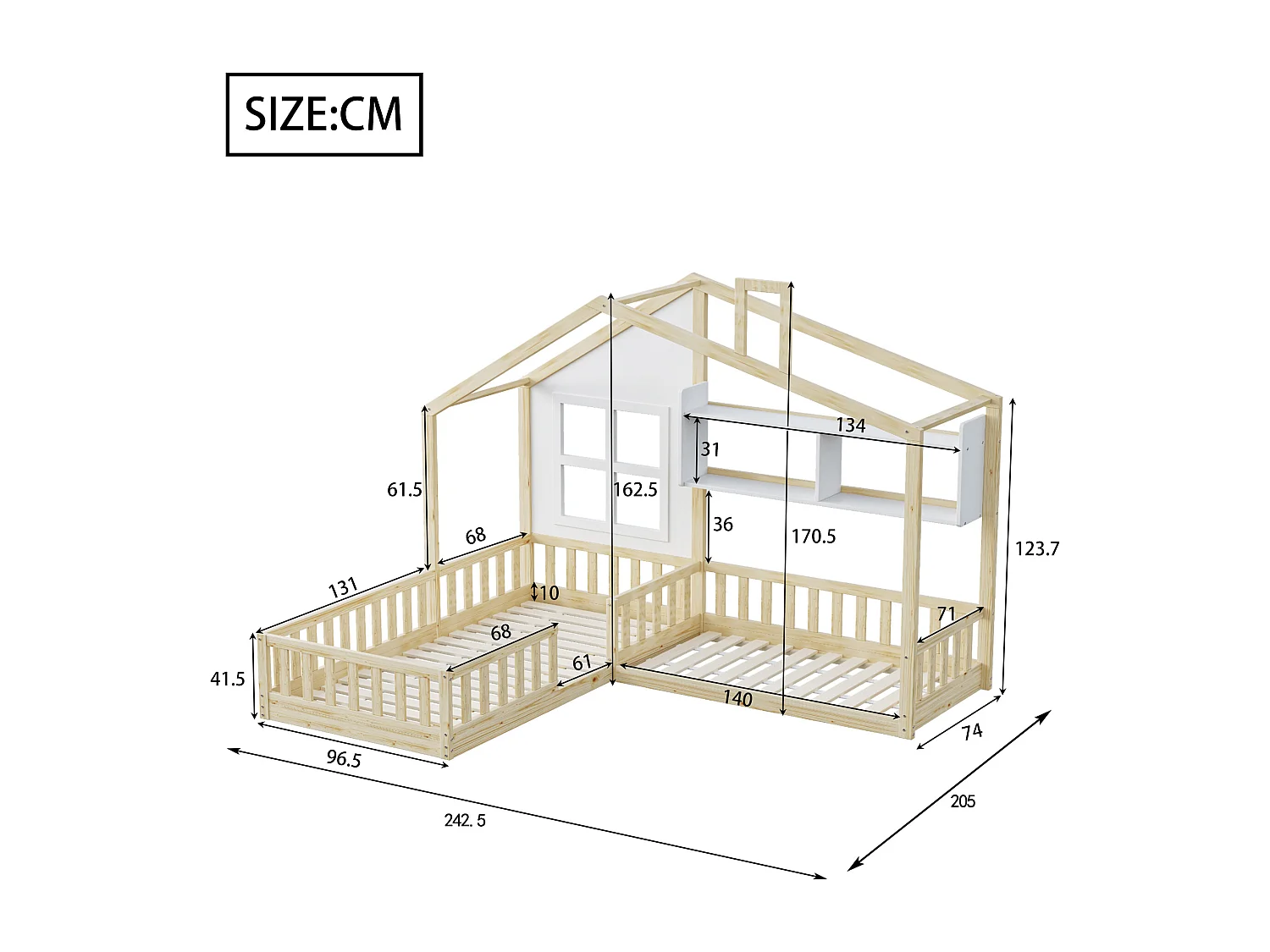 Cama infantil cabina 90x200 cm + 140x70 cm con estantes - Contrachapado + MDF + pino - Somier incluido - Color madera