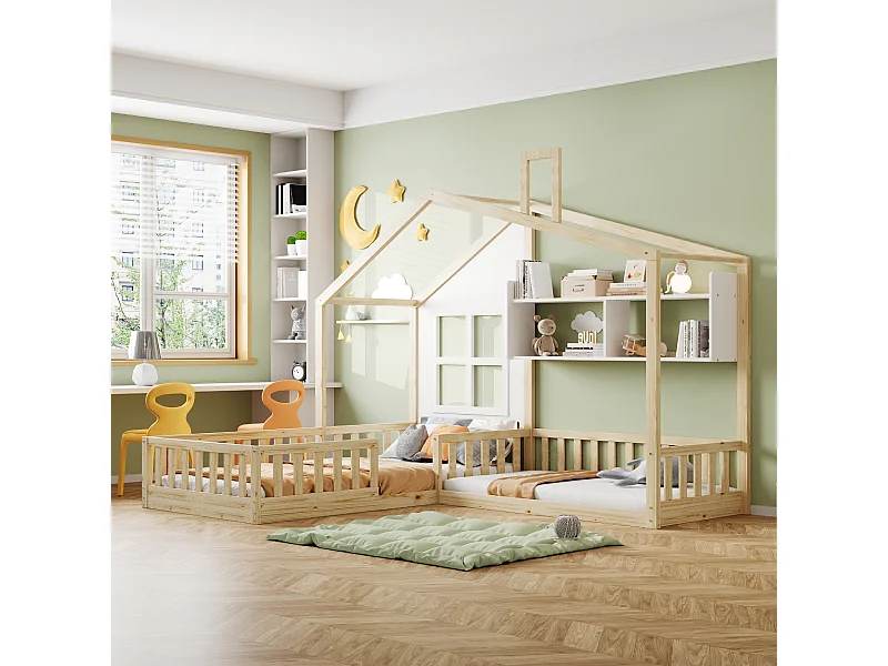 Kinderbed 90 x 200 cm + 140 x 70 cm met planken - Multiplex + MDF + grenen - Inclusief lattenbodem - Houtkleur