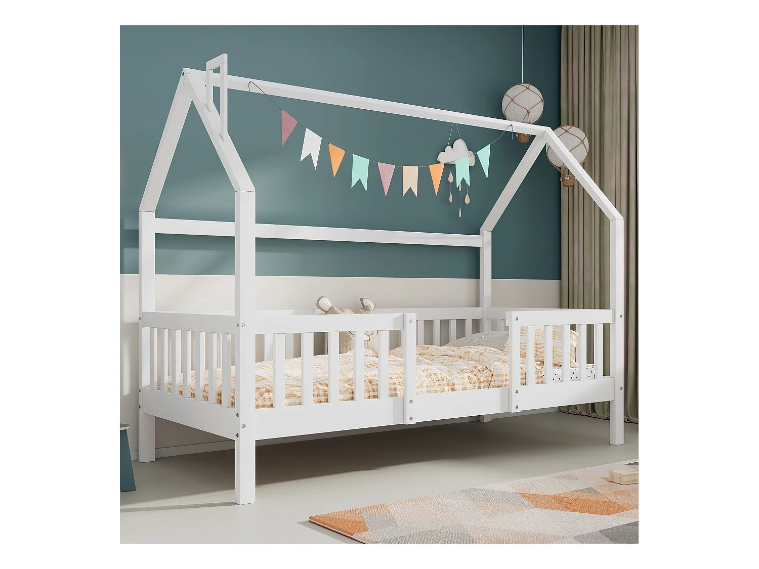 Lit cabane enfant 90 x 200 cm avec tête de lit - Pin + Panneau de particules + Contreplaqué - Blanc (sans matelas)